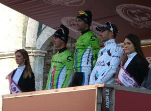 The podium l-r: Peter Sagan (2nd), Moreno Moser (1st), Rinaldo Nocentini (3rd)