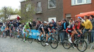 The race is on! Greg Van Avermaet, Geraint Thomas, Tom Boonen and Peter Sagan hammer up the Oude Kwaremont