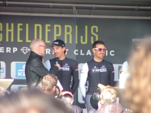 Fabian Cancellara swigs by after winning the Tour of Flanders